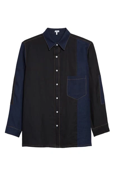 Shop Loewe Patch Pocket Linen Shirt In Navy Blue/ Black