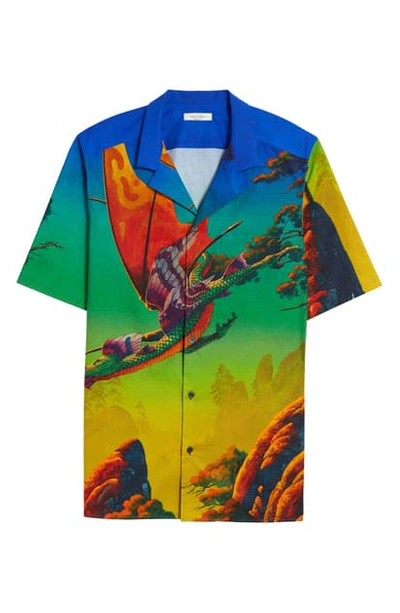 Shop Valentino Dragon At Dawn Button-up Short Sleeve Shirt In Blue Multi