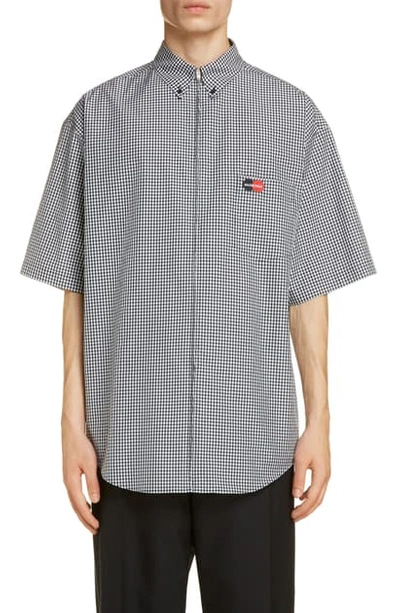 Shop Balenciaga Vichy Gingham Zip Front Cotton Poplin Button-down Sport Shirt In Black/ White