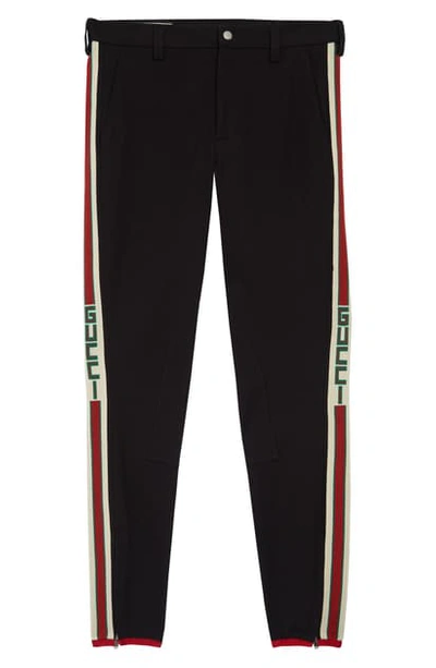 Shop Gucci Logo Side Stripe Stretch Cotton Pants In Black/ Red/ Cream