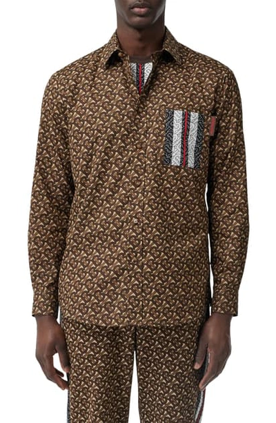 Shop Burberry Chatham Monogram Stripe Print Button-up Shirt In Bridle Brown Pattern