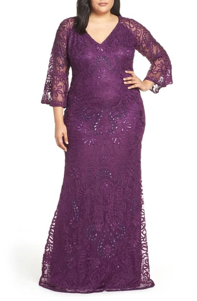 Shop Js Collections Bell Sleeve Bead & Soutache Gown In Dark Violet