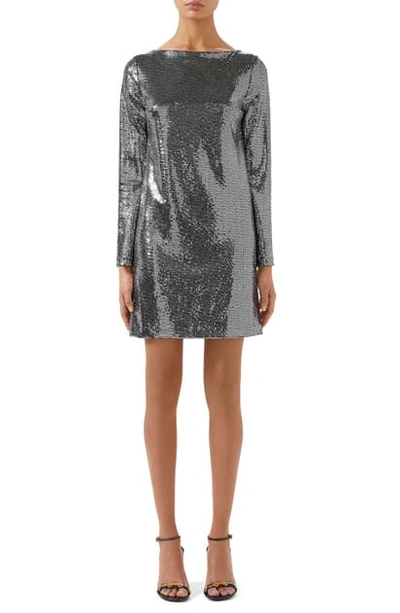 Shop Gucci Square-g Buckle Long Sleeve Metallic Dot Jersey Minidress In Black/ Silver