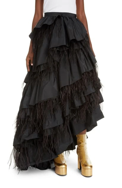 Shop Dries Van Noten Shiloh Asymmetrical Tiered Taffeta & Feather Maxi Skirt In Black