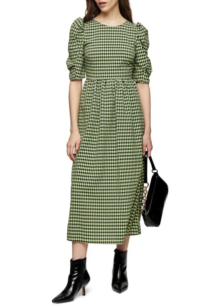 Shop Topshop Gingham Lace-up Back Dress In Lime Multi