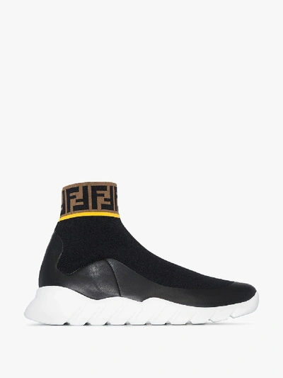 Shop Fendi Logo Hi-top Stretch Sock Sneakers In Black