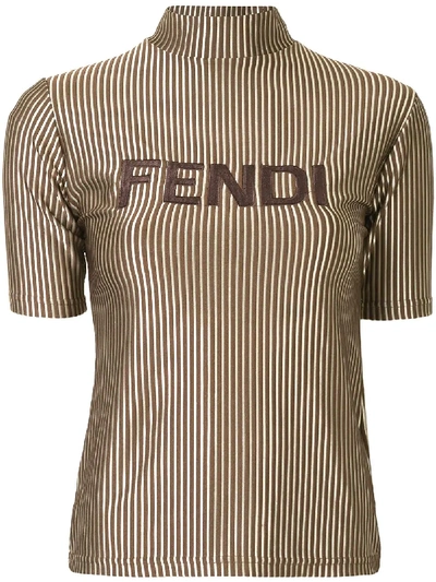 Pre-owned Fendi Metallic Striped Logo T-shirt In Brown