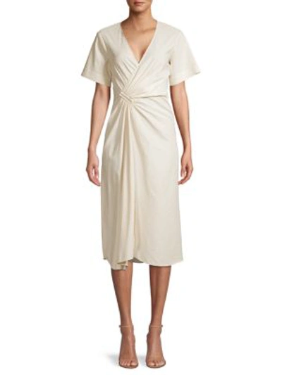Shop A.l.c Ruched Linen-blend Faux Wrap Dress In Ecru