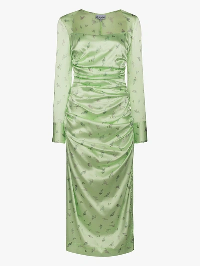 Shop Ganni Floral Ruched Silk Blend Midi Dress In Green