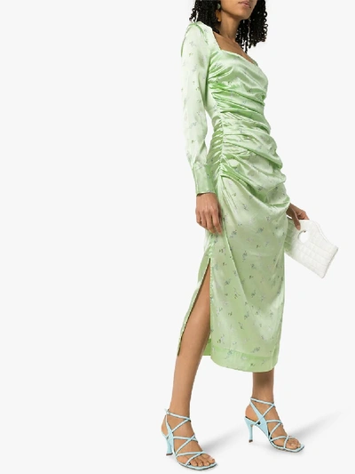 Shop Ganni Floral Ruched Silk Blend Midi Dress In Green