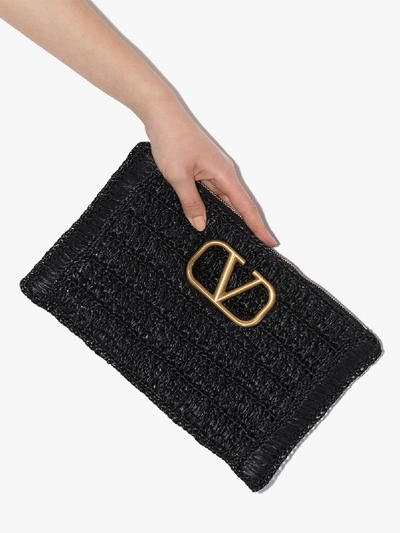 Shop Valentino Black Garavani Vsling Raffia Clutch Bag