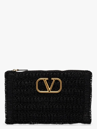 Shop Valentino Black Garavani Vsling Raffia Clutch Bag