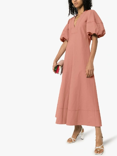 Shop Lee Mathews Queenie Pouf Sleeve Linen Dress In Brown