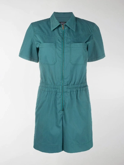 Shop Apc Zip-up Short Sleeve Playsuit In Green