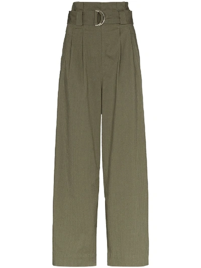 Shop Ganni Paperbag-waist Wide-leg Trousers In Green