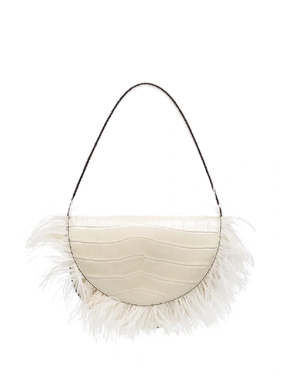 Shop Staud Amal Feather-trimmed Shoulder Bag In White