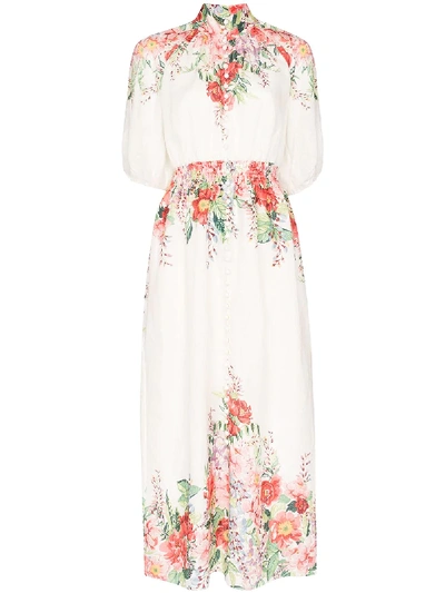 Shop Zimmermann Floral-print Shirred Maxi Dress In White