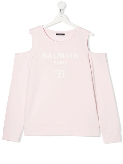 Shop Balmain Teen Logo Cold-shoulder Top In Pink