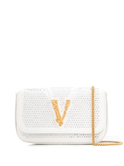 Shop Versace Virtus Embellished Shoulder Bag In White