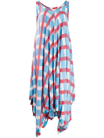 Shop Issey Miyake Check Print Pleated Dress In Blue