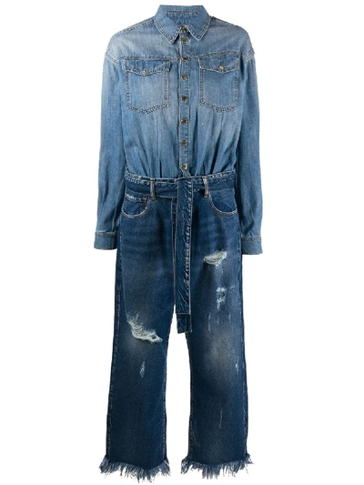 Shop Pinko Distressed Cropped Jumpsuit In Blue