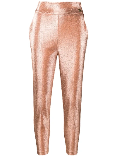 Shop Elisabetta Franchi Cropped Metallic Trousers In Pink