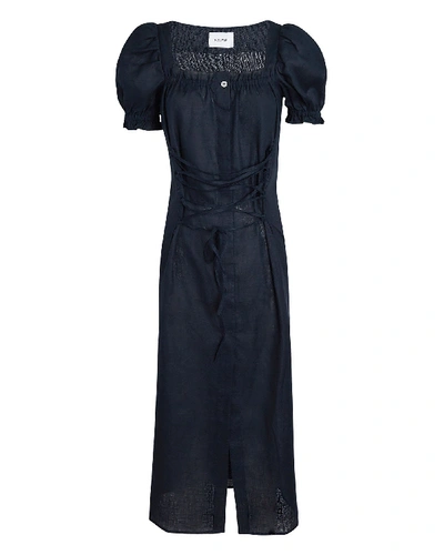 Shop Sleeper Marquise Lace-up Linen Dress In Navy