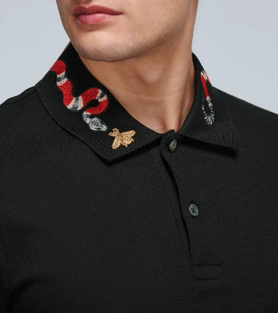 Shop Gucci Embroidered Collar Polo Shirt In Black