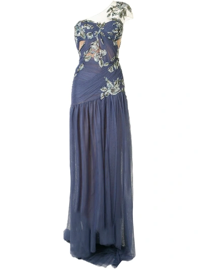 Shop Marchesa Grecian One Shoulder Embellished Evening Gown In Blue