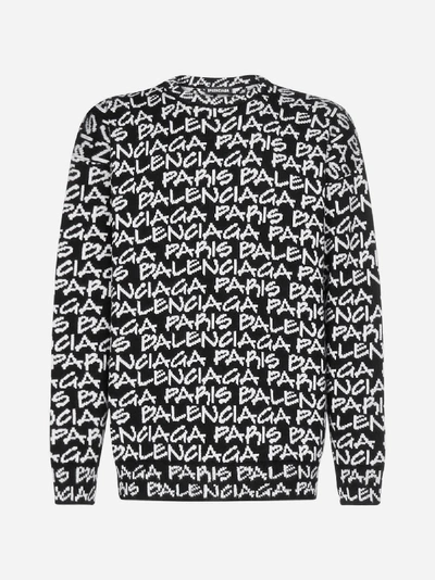 Shop Balenciaga Logo Cotton And Wool Blend Sweater In Black - White