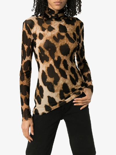 Shop Ganni Leopard Print Mesh Top In Brown