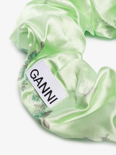 Shop Ganni Green Floral Print Silk Scrunchie