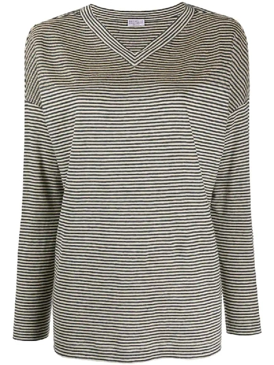 Shop Brunello Cucinelli Striped V-neck T-shirt In Neutrals