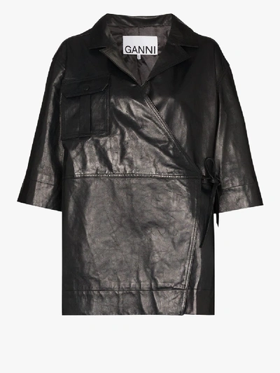 Shop Ganni Wrap Lambskin Leather Jacket In Black