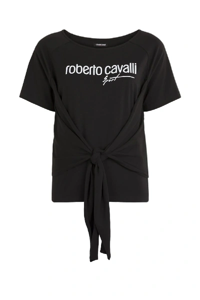 Shop Roberto Cavalli Logo Knot-front T-shirt In Black