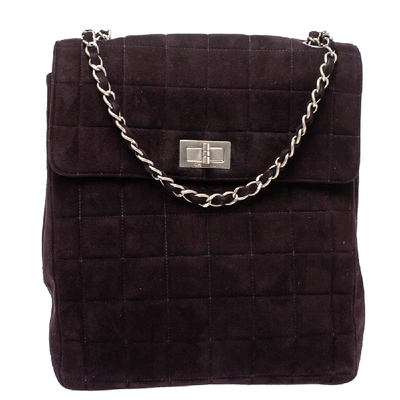 Pre-owned Chanel Dark Plum Chocolate Bar Quilted Suede Vintage Multipocket Flap Bag In Purple