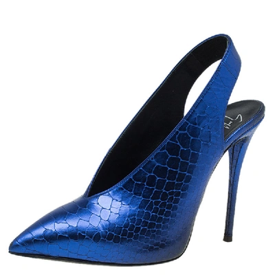 Pre-owned Giuseppe Zanotti Metallic Blue Python Embossed Leather Slingback Booties Size 36