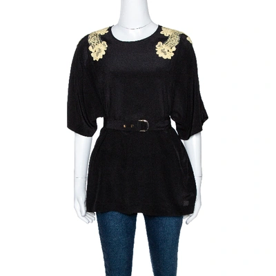 Pre-owned Dolce & Gabbana Black Silk Lace Applique Detail Short Sleeve Top M