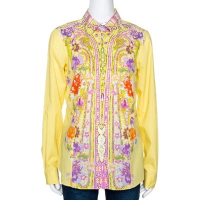 Pre-owned Etro Yellow Floral Paisley Printed Cotton Button Front Shirt L