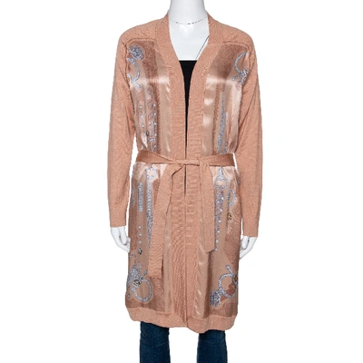 Pre-owned Hermes Peach Parure De Gala Print Cashmere & Silk Belted Cardigan S In Pink