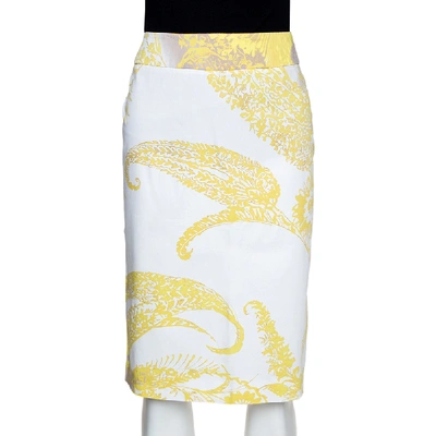 Pre-owned Max Mara Yellow Paisley Print Stretch Cotton Pencil Skirt M