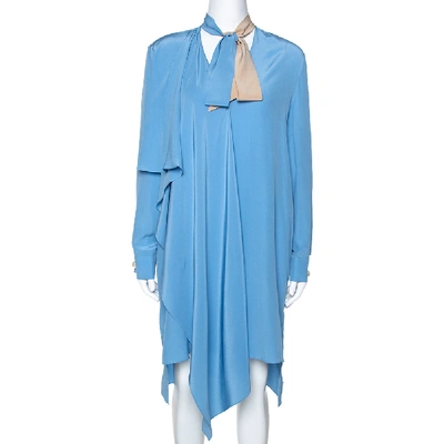 Pre-owned Fendi Blue Silk Neck Tie Detail Draped Asymmetrical Dress S