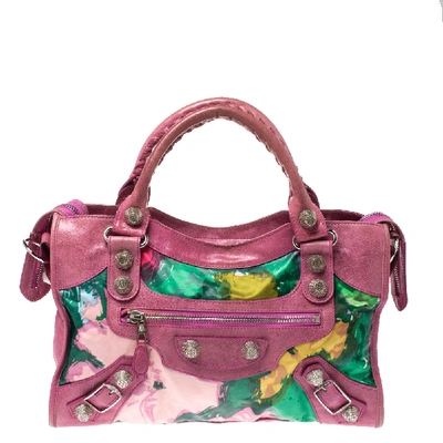 Pre-owned Balenciaga Pink Floral Print Satin And Leather Gsh City Bag