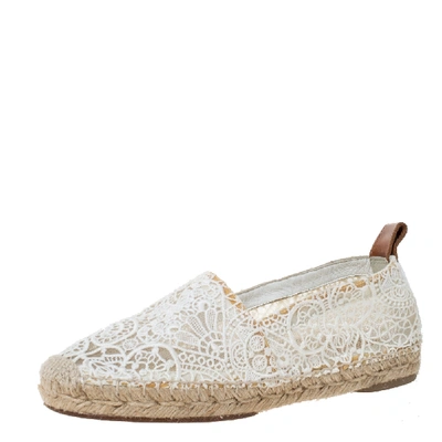 Pre-owned Chloé White Lace And Leather Trim Slip On Espadrille Flats Size 35