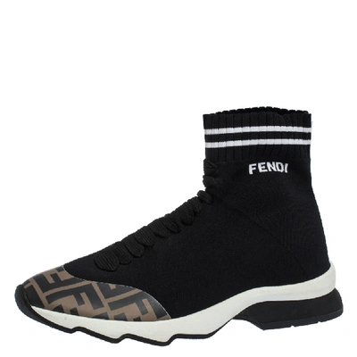 Pre-owned Fendi Black Zucca Fabric Kintted And Leather Sock Sneakers Size 37