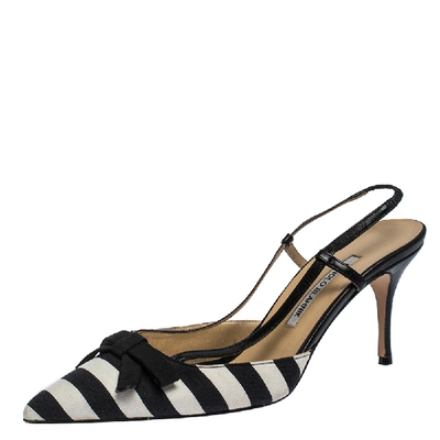 Pre-owned Manolo Blahnik Black/white Stripe Canvas And Leather Galop Halter Sandals Size 41