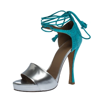 Pre-owned Hermes Turquoise/silver Brogue Suede And Patent Leather Ankle Wrap Sandals Size 38 In Blue