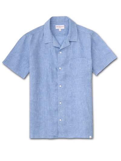 Shop Derek Rose Men's Short Sleeve Shirt Monaco Linen Blue