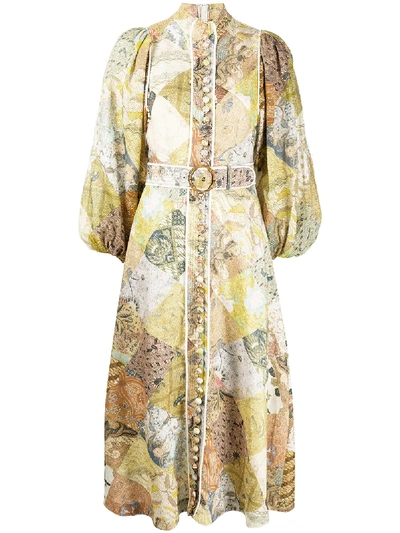 Shop Zimmermann Brightside Batik Patch-print Linen Dress In Yellow