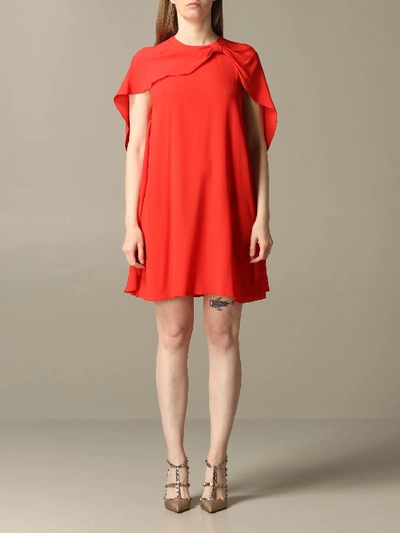 Shop Red Valentino Dress  Silk Dress With Cape Sleeves In Coral